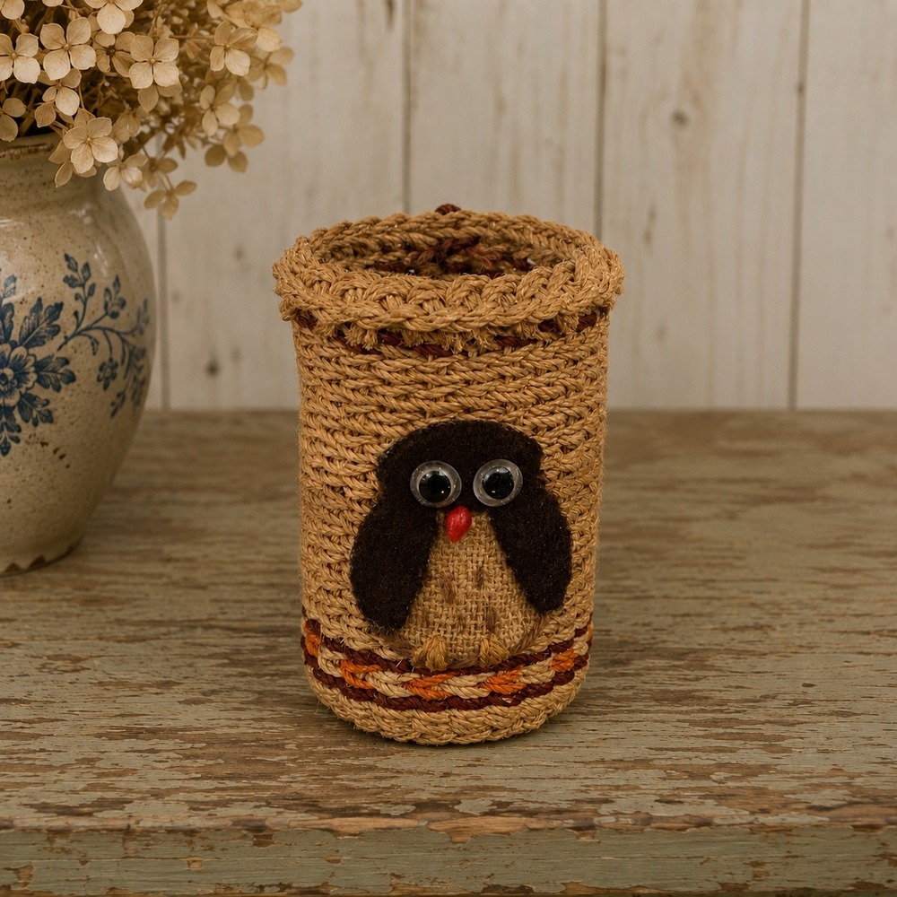 Vintage Woven Jute Sisal Owl Basket 6in Tall Boho Desk Organizer Wall Pocket